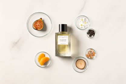 Essential Parfums 白日無花果淡香精無花果、紅茶與橙花香調成分展示。