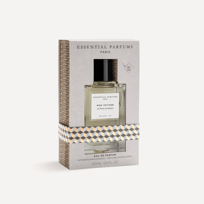 Essential Parfums 我的香根草淡香精 100ml 外包裝盒與永續紙盒展示。