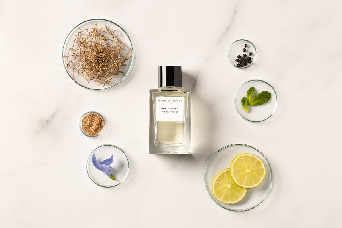 Essential Parfums 我的香根草淡香精海地香根草、琴酒杜松子與癒創木香調成分特寫。